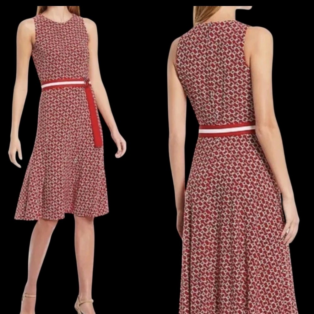 LAUREN Ralph‎ Lauren Red White Chain Print Sleeveless Belted Dress Size 4P #377
